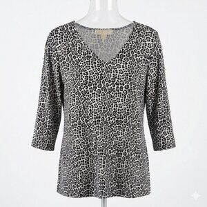 MK Michael Kors B&W Cheetah V-Neck Slit Sleeve Blouse Gold Metallic Accent Sz L